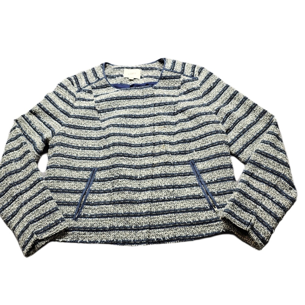 Ann Taylor LOFT Moto Jacket Womens 12 Navy Cream Striped‎ Tweed Asymmetrical Zip